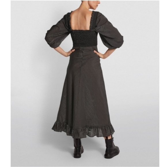 NWT Ganni Dress Seersucker Check Puff Sleeve Midi in Black - Picture 4 of 11
